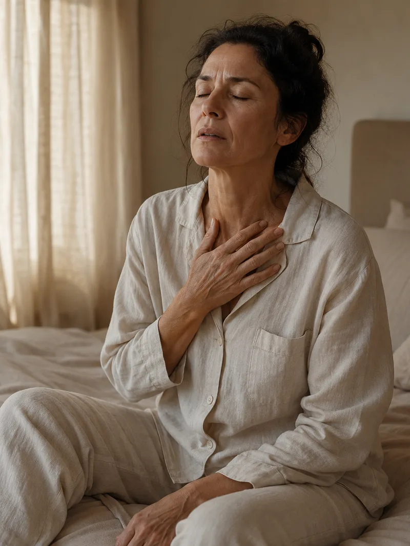 Mulher com sintomas de menopausa: ondas de calor e insônia