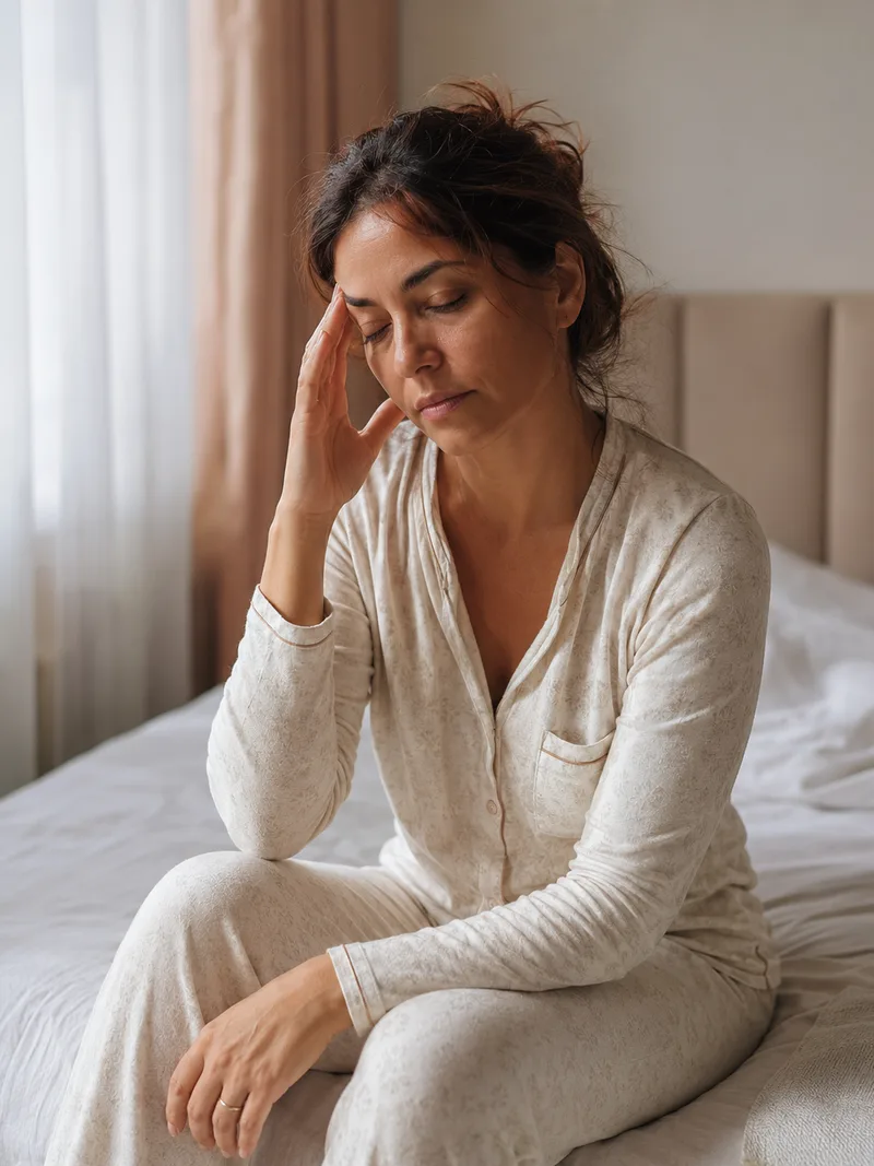 Mulher com sintomas de desequilíbrio hormonal: cansaço e insônia